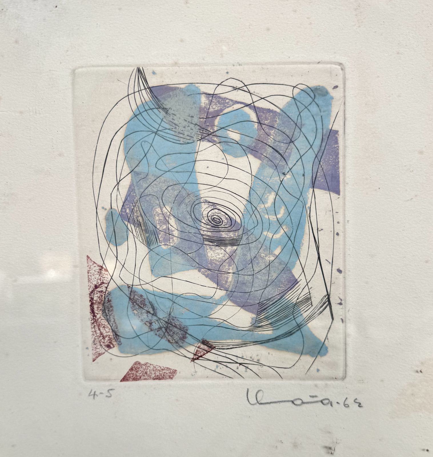 Abstract blue and purple etching, numbered 4-5 and signed ‘68
