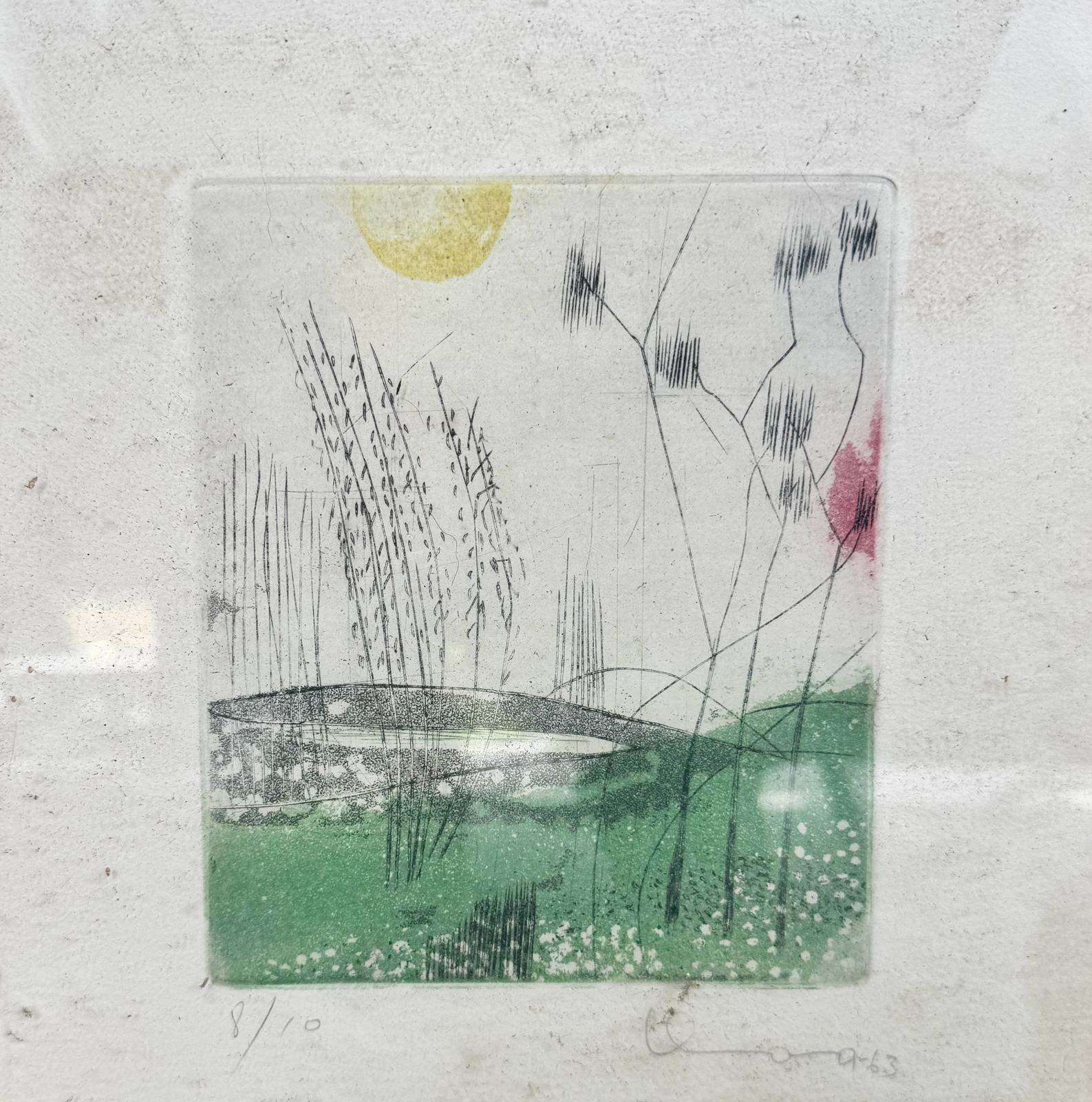 Framed abstract landscape etching with reeds and sun, numbered 8/10