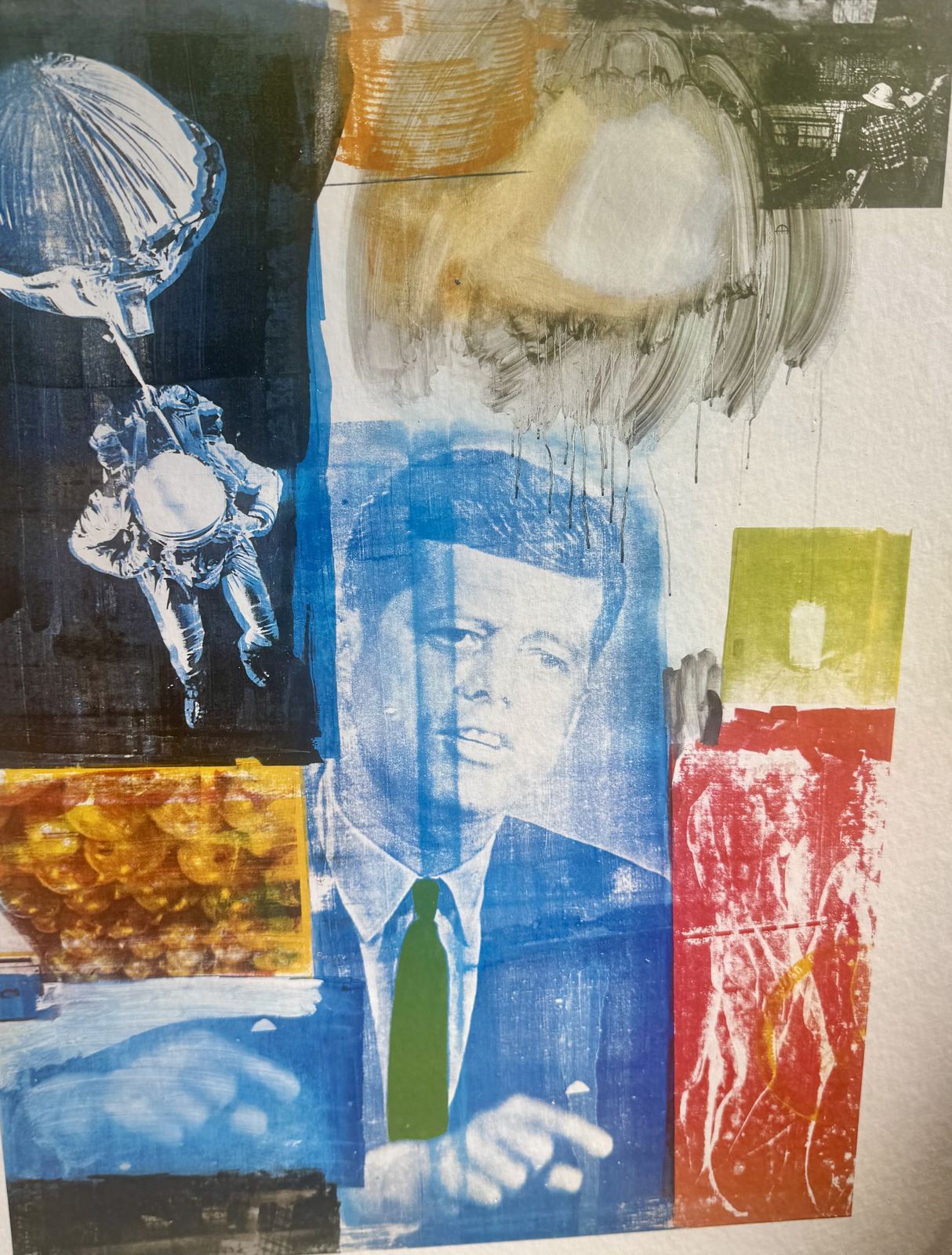Pop-art collage print with JFK portrait and astronaut imagery