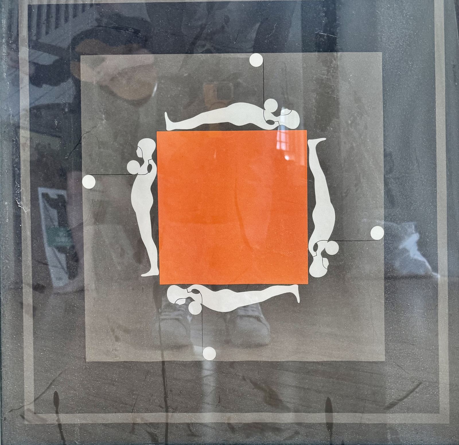 Framed abstract print, orange square over photographic ground with white figures