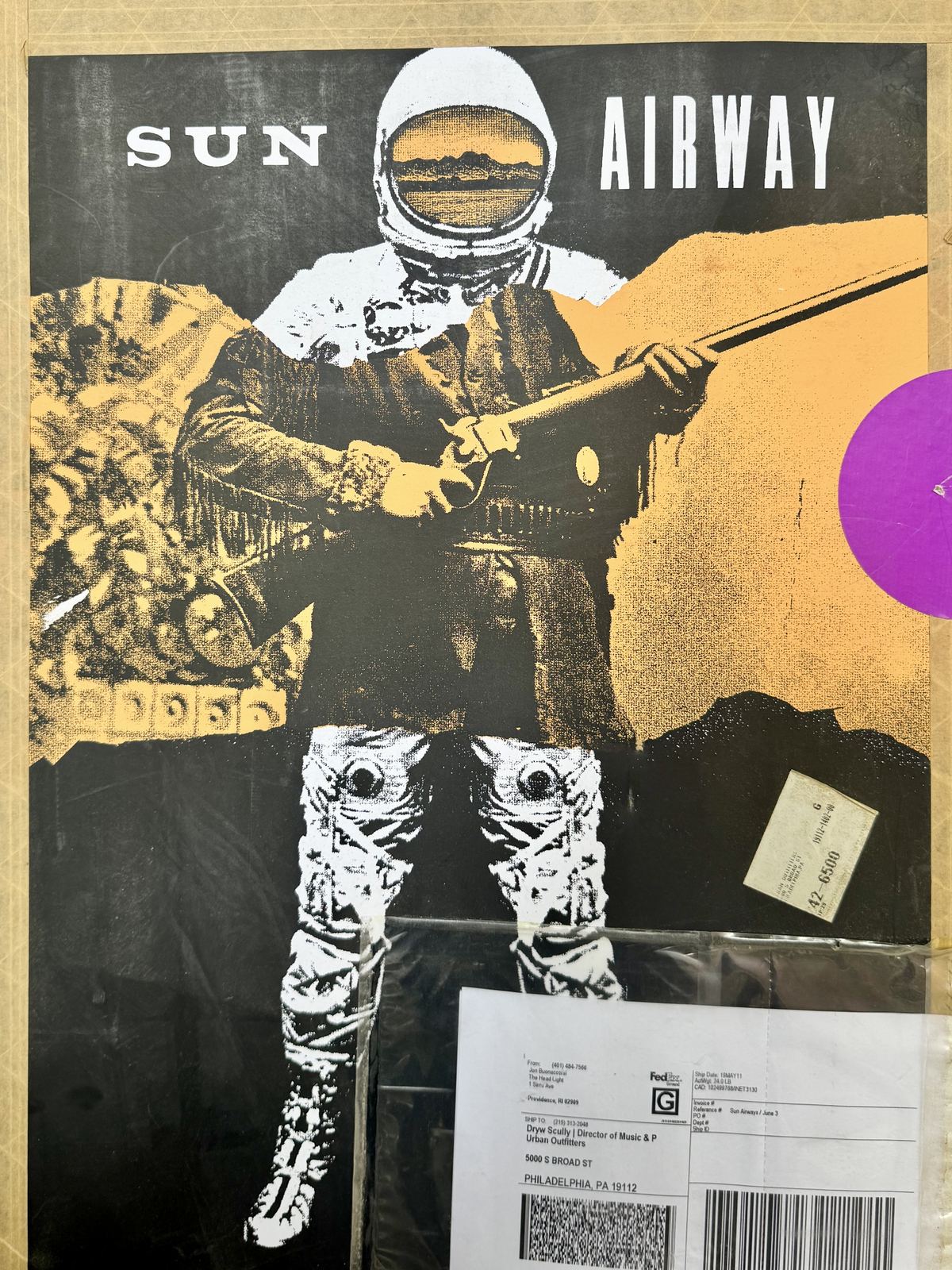 Sun Airway astronaut screenprint poster, with original shipping label to Urban Outfitters